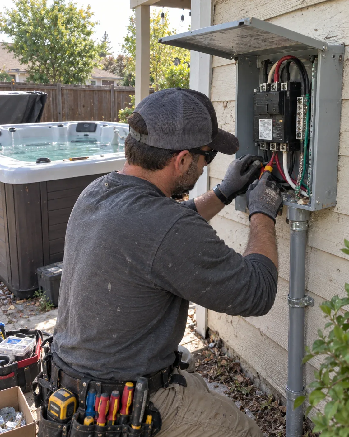 A professional electrician with a tool belt repairing an outdoor electrical disconnect panel next to a residential hot tub in Milton, Ontario.