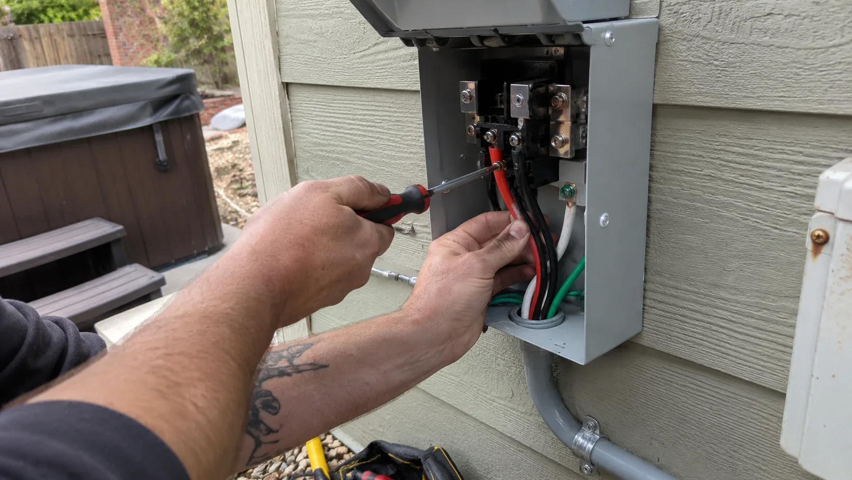 Close-up of an electrician's hands using a screwdriver to wire an outdoor electrical disconnect panel next to a hot tub in Milton, Ontario.