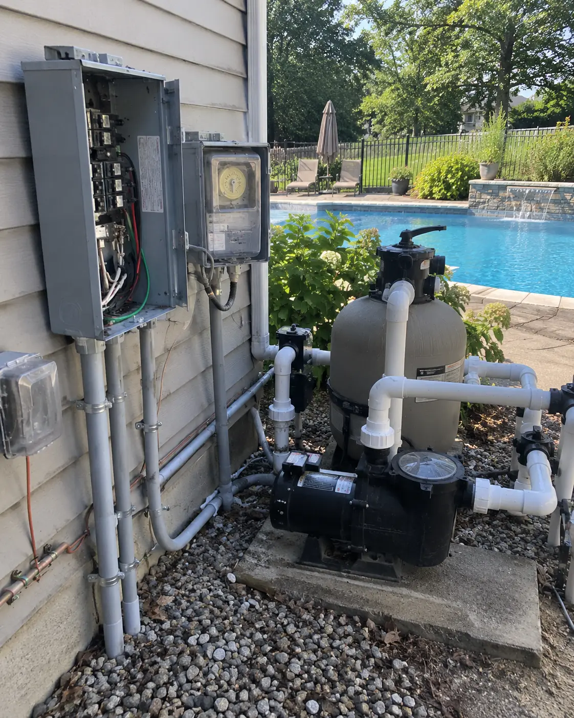Outdoor electrical subpanel and wiring setup for an inground swimming pool pump and equipment in Milton, Ontario.