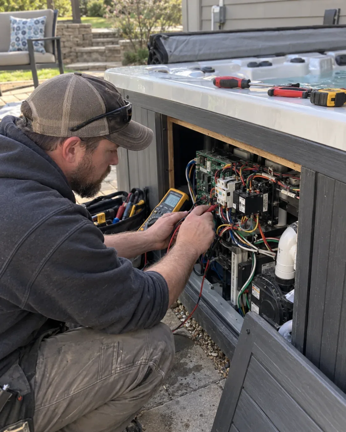 Electrician troubleshooting a hot tub electrical problem in Milton