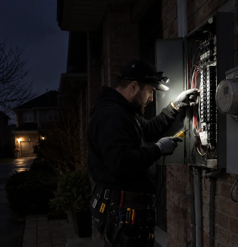 An emergency electrician wearing a headlamp troubleshooting an outdoor residential electrical panel to restore power at night in Milton, Ontario.