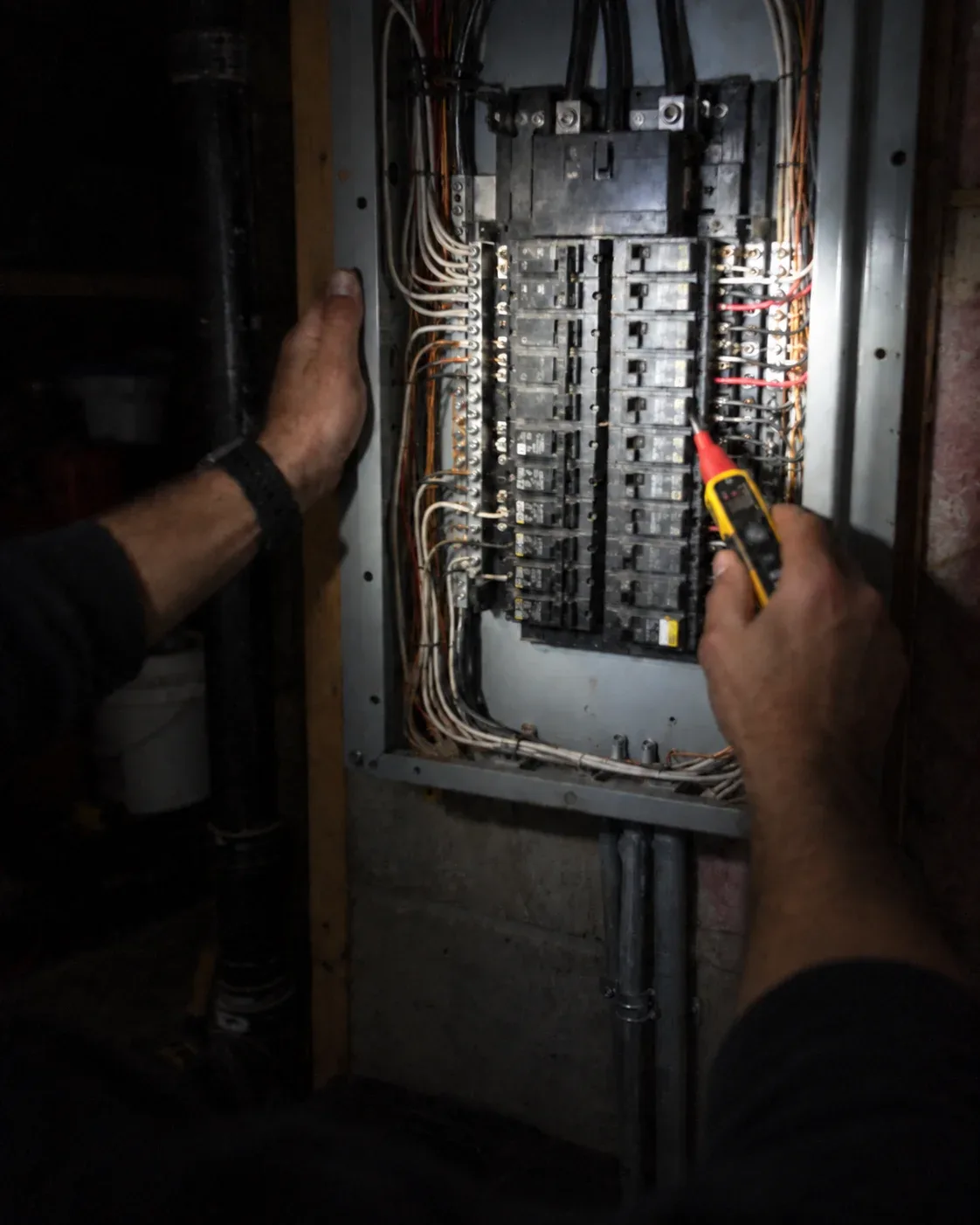 Close-up of an electrician's hands using a voltage tester on an open residential breaker panel, illuminated by a flashlight in a dark room in Milton, Ontario.
