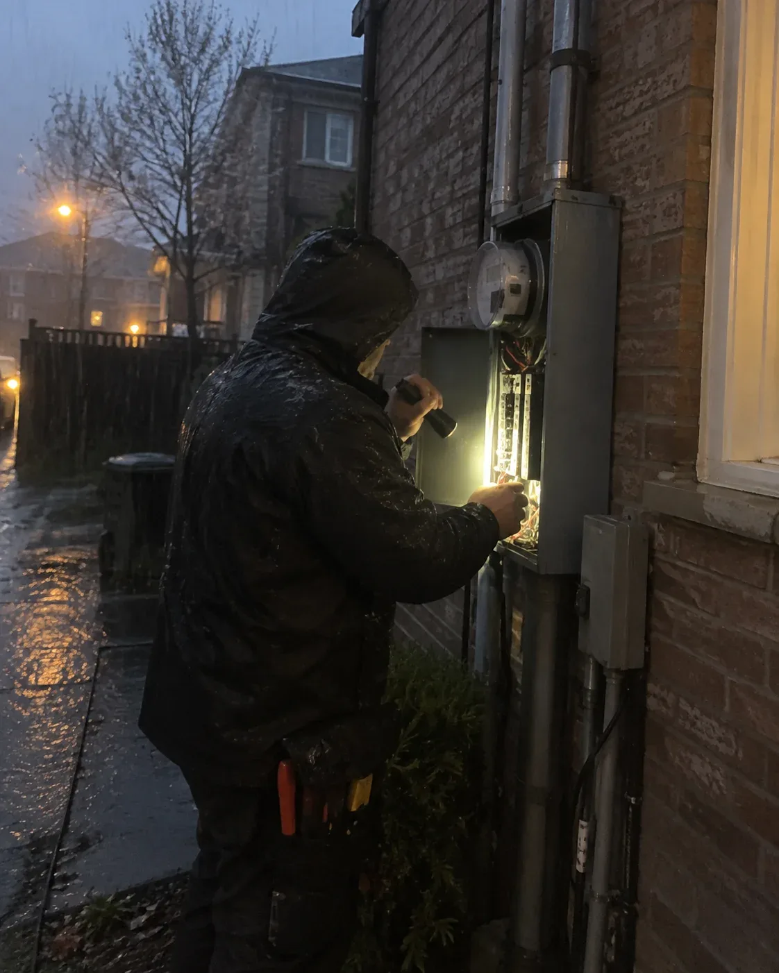 An emergency electrician in rain gear using a flashlight to repair an outdoor residential electrical meter panel on a rainy night in Milton, Ontario.
