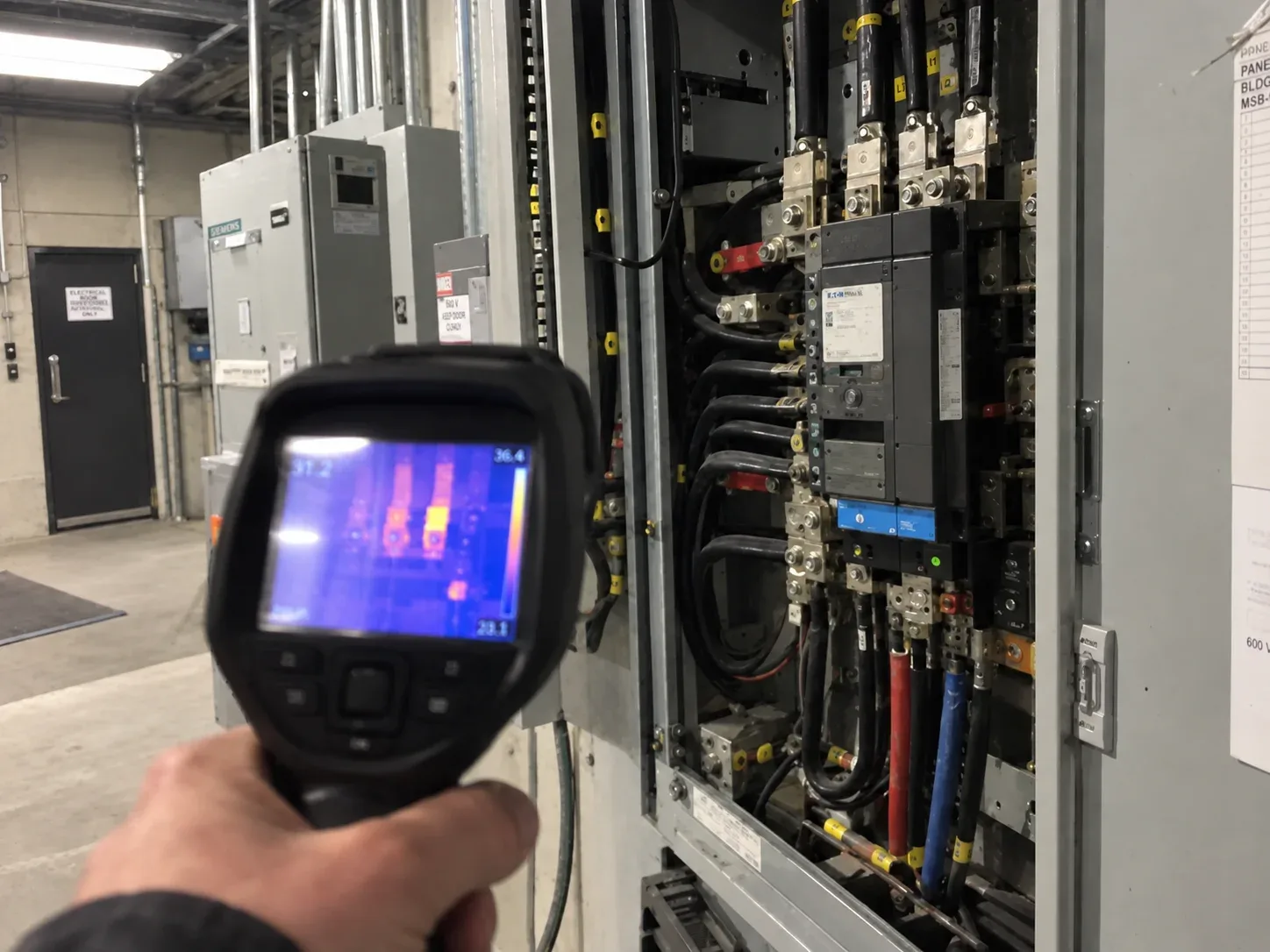 Close-up of a commercial electrician using a thermal imaging camera to inspect an open industrial electrical panel for hot spots in a Milton facility.