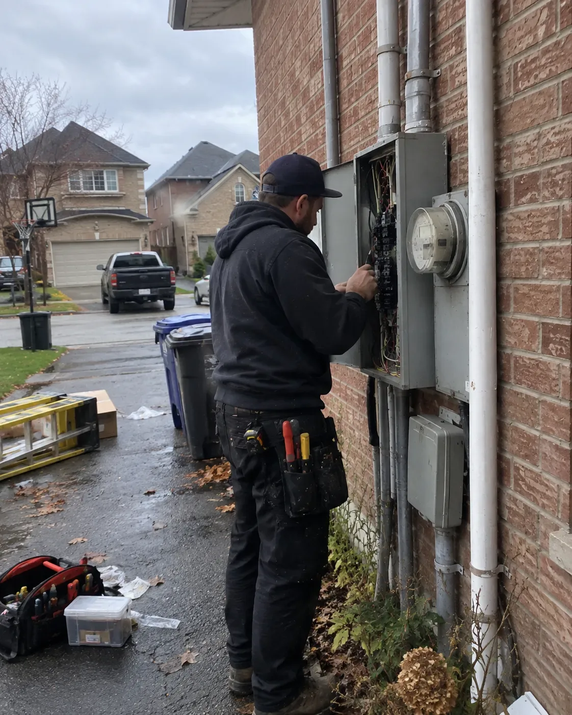 A professional electrician repairing an outdoor electrical meter panel on the exterior of a residential brick home in Milton, Ontario.